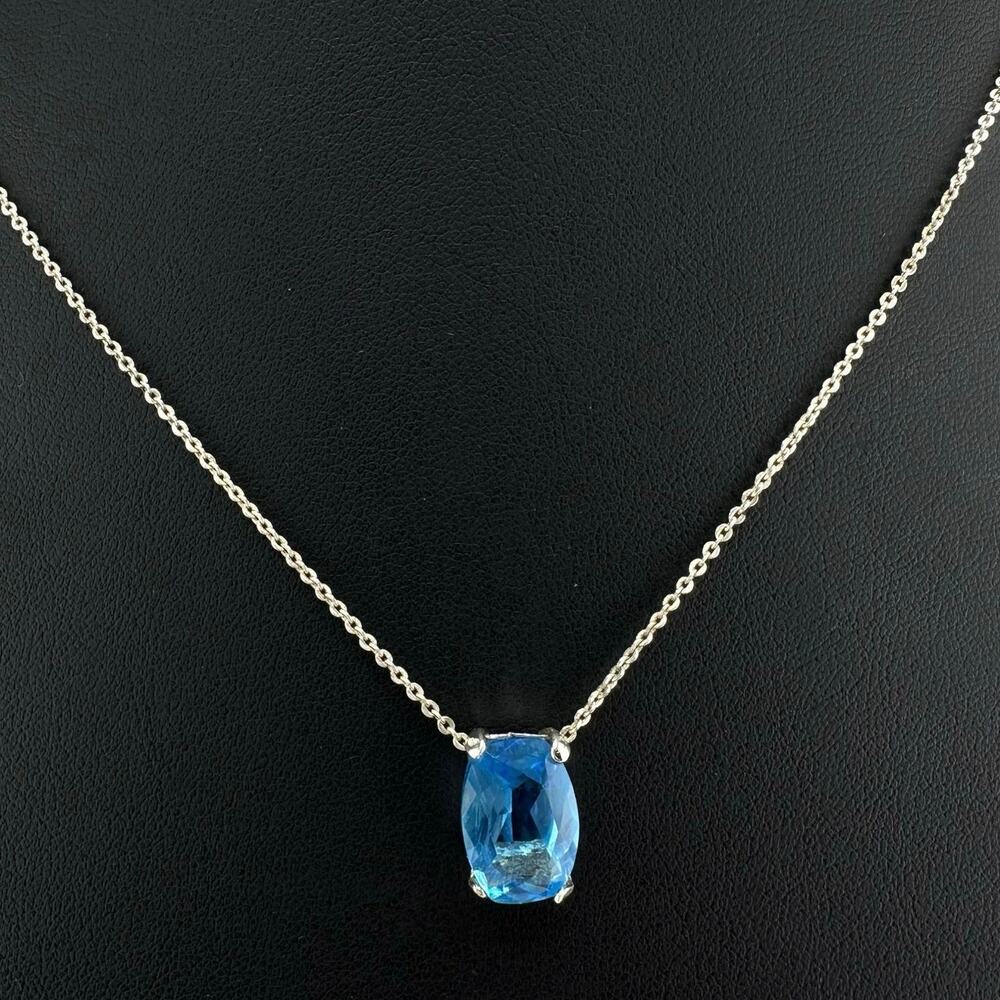 Avon Sky Blue Glass Faux Gem Prong Set Silver Tone Pendant 19" Fashion Necklace